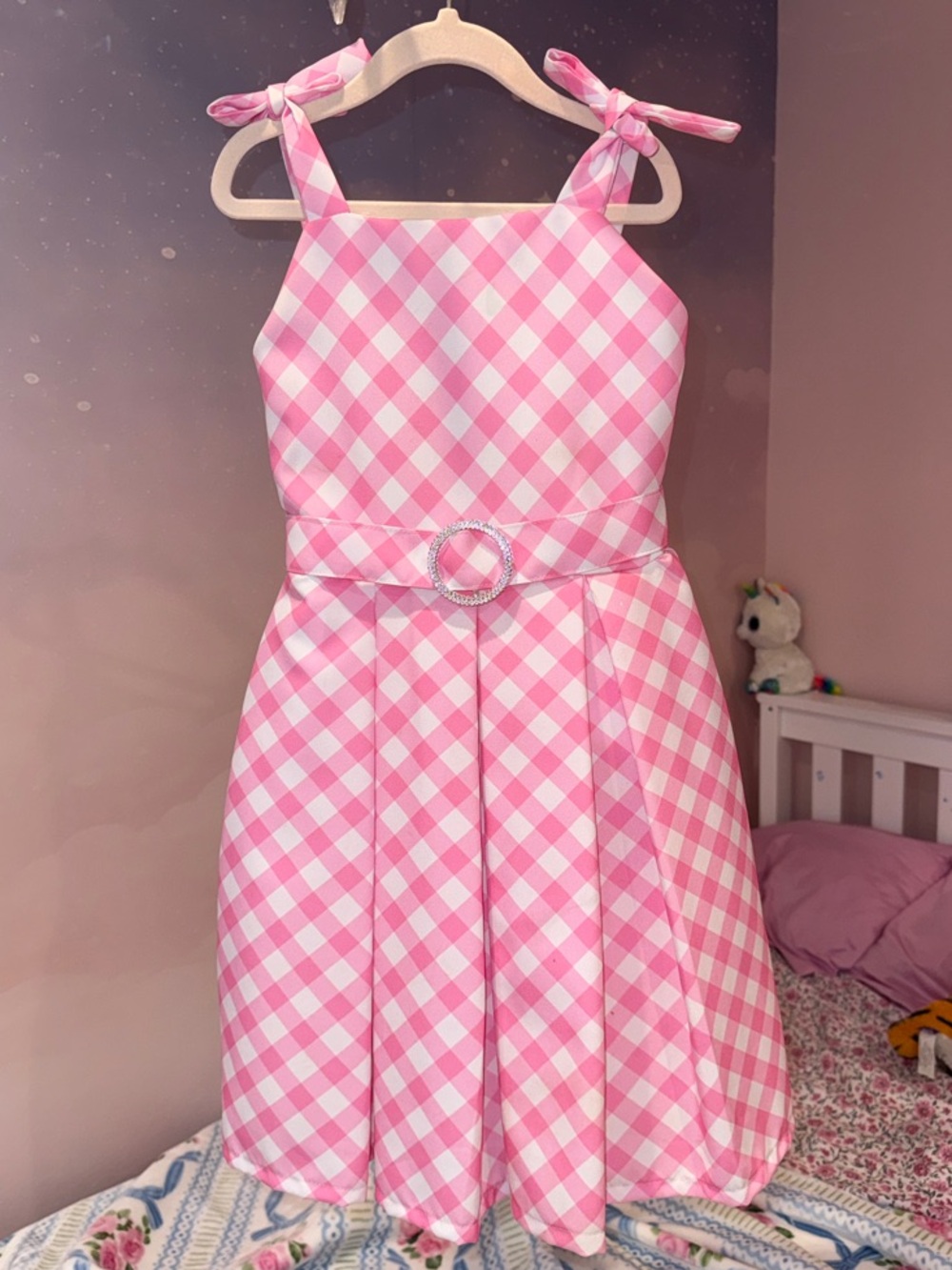 Pink Gingham Barbie Tie-Shoulder Belted Sundress